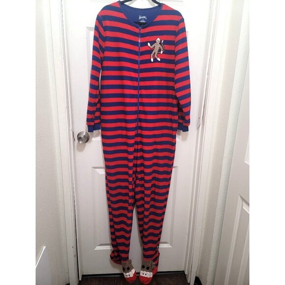 NICK & NORA Adult Sock Monkey Footed Onesie Pajamas Red & Blue Stripes Size L - Picture 1 of 15